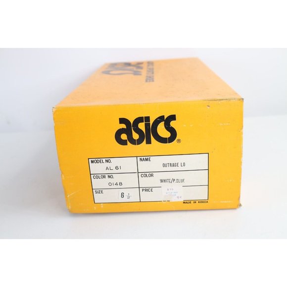 NOS Vintage 90s Asics Mens 6.5 Spell Out Outrage Lo Sneakers Shoes White Blue